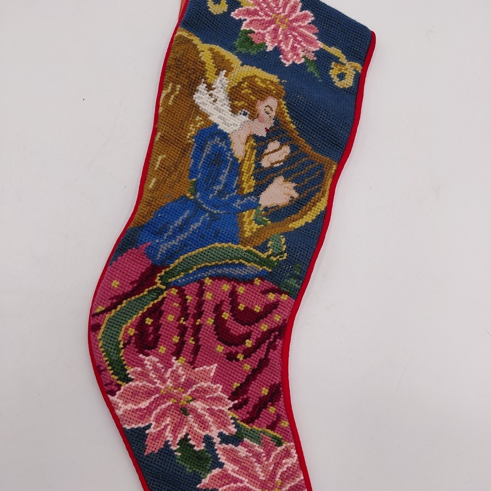 Vtg Needlepoint Handmade Embroidered Christmas Stocking Angel Cottage Cabin